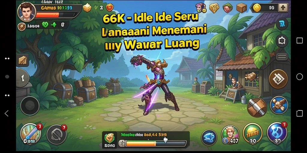 Screenshot gameplay <strong>66K</strong> yang menunjukkan karakter dan sumber daya yang berkembang.