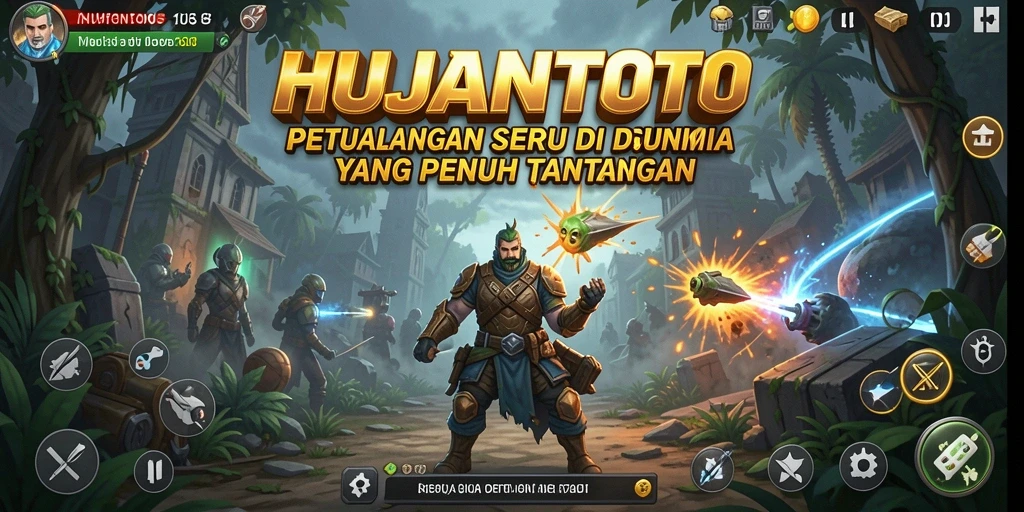 Screenshot menunjukkan karakter menjelajahi hutan lebat dalam HUJANTOTO.