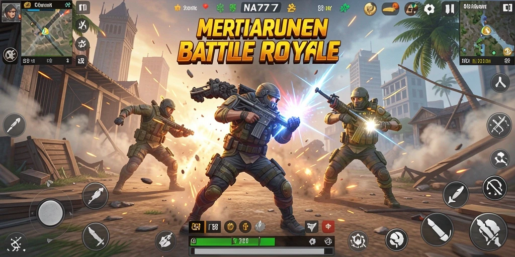 Tangkapan layar NA777 menampilkan adegan aksi intens dalam Battle Royale.