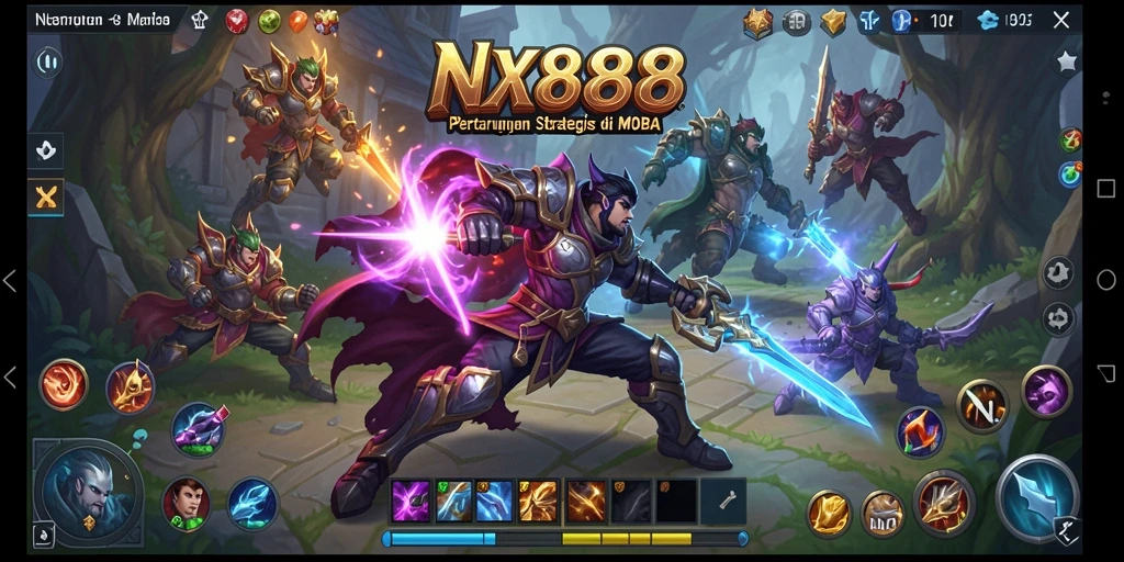Tangkapan layar gameplay NX888 menampilkan aksi intens dalam pertarungan tim MOBA.