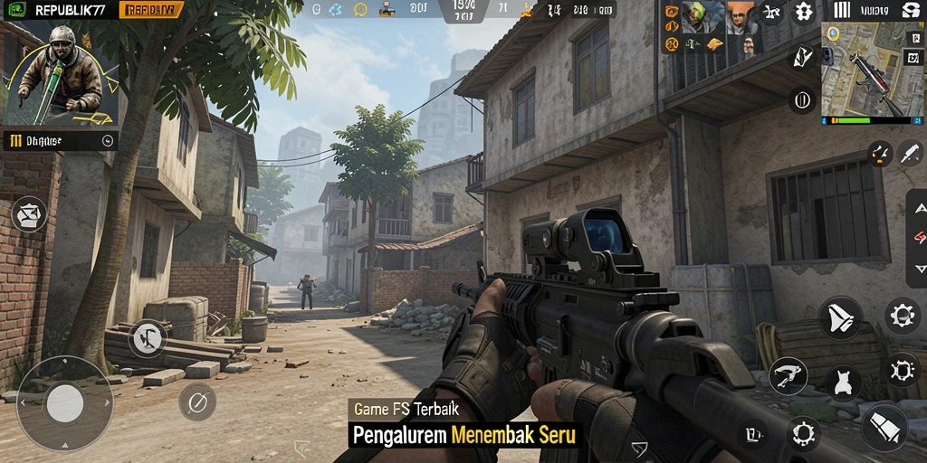 Tampilan gameplay mendebarkan dari REPUBLIK77 yang menghadirkan pertempuran FPS.