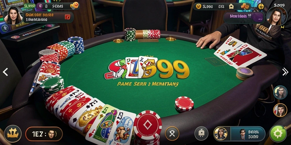 Screenshot gameplay SL999 yang menampilkan suasana poker yang menegangkan.